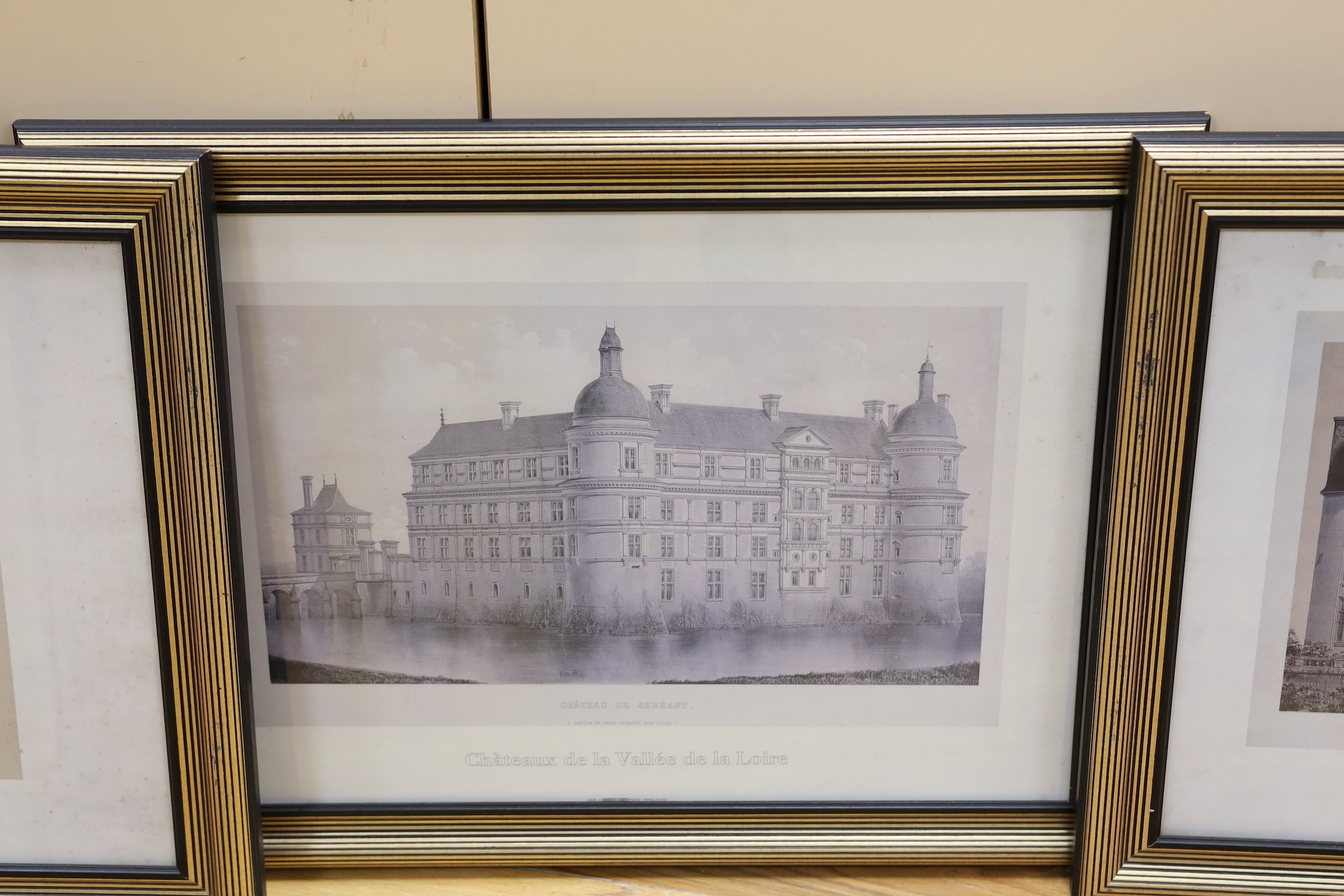A set of four modern reprints of French chateau, 34 x 49cm